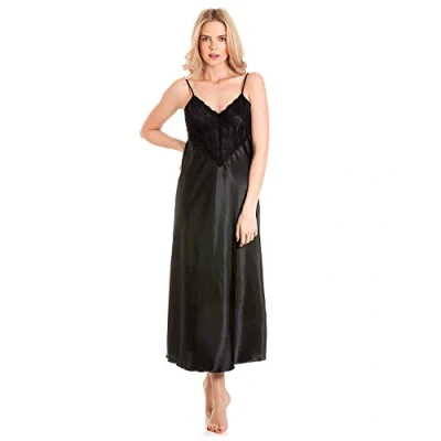Image of Undercover Womens Satin &amp; Deep Lace Long Chemise Nightdress N50 Black WX