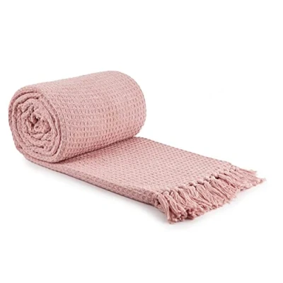 Image of Emma Barclay Honeycomb Recycled Cotton Plain Waffle Textured Chair Sofa Setee Throw Over Blanket in Blush Pink 90x100 (228x254cm)