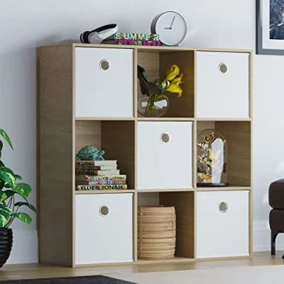 Image of Vida Designs Durham Cube Bookcase Storage Organiser Living Room Bookshelf Home Office Furniture (9 &amp; 5 White Baskets, Oak)