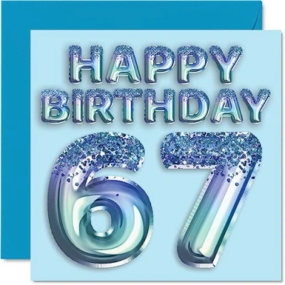 Image of 67th Birthday Card for Men Blue Glitter Party Balloon Happy Cards 67 Year Old Man Uncle Grandad Dad Grandpa Gran, 145mm x Sixty Seven Seventh Greeting Gift