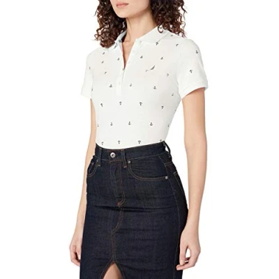 Image of Nautica Women&#039;s Classic Fit Striped V Neck Collar Stretch Cotton Polo Shirt, Bright White, Large