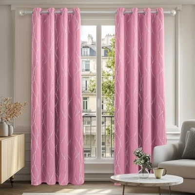 Image of Deconovo Dot Line Foil Printed Blackout Curtains Thermal Insulated Super Soft Energy Saving Eyelet for Living Room 52 x 84 Inch Pink 1 Pair