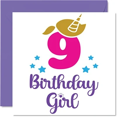 Image of 9th Birthday Card Girl Unicorn Happy 9 Year Old Girl, Girls Cards for Her, 145mm x Greeting Daughter Niece Granddaughter Kid Children