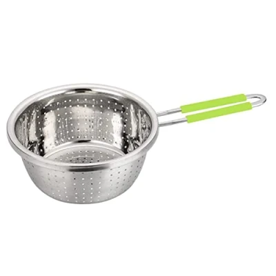 Image of Contiup Stainless Steel Perforated Metal Colander Strainer with Long Green Handle Sieve Sifters Use for Kitchen Food Pasta Noodles Spaghetti Vegetables Silver 7.9inch