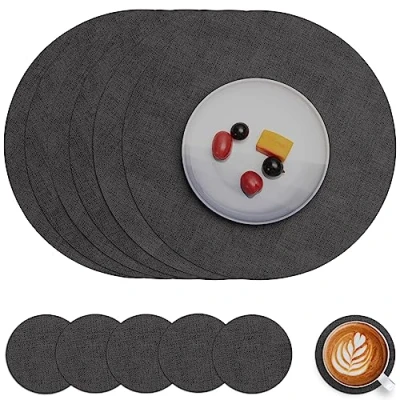 Image of Myir JUN Leather Placemats and Coaster Set of 6, Table Mats Round Waterproof Dual Sided Kitchen Place Coffee Heat Resistant Placemat Non Slip Washable (set Grey Grey)