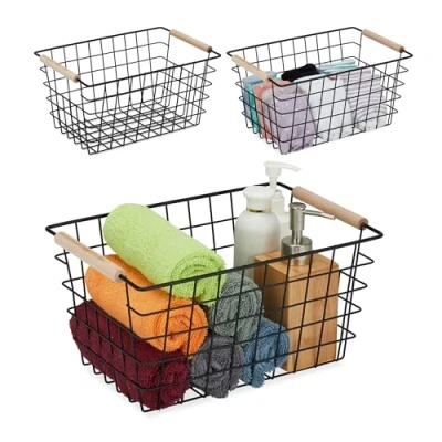 Image of Relaxdays Wire Baskets, Set of 3, Wooden Handles, 16 x 31 21 cm, Shelf Tidy, Bathroom &amp; Kitchen Organiser, Black, Wood, Iron