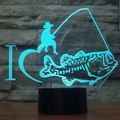 Image of HPBN8 Ltd Optical Illusion 3D Fishing Night Light USB Powered Touch Switch Decor Table Desk Lamps 7 Color Changing Lights LED Lamp Xmas Home Love Brithday Children Kids Toy Gift