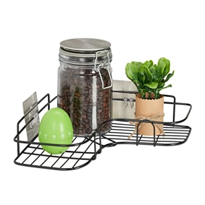 Image of Relaxdays Kitchen Corner Shelf, Adhesive Basket, Stick Up, Wall, Spice Rack, HxWxD: 5.5x26x26 cm, Iron, Black, 5,5 x 26 cm