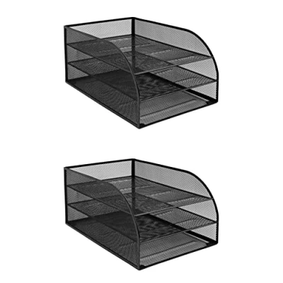 Image of OSCO Black Wiremesh Triple Letter Tray 2 Pack Document Storage A4 Filing Assembled Paper Organiser Desk Tidy H17.5 x W24.5 D37 cm