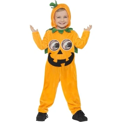 Image of Smiffys Pumpkin Toddler Costume, Orange &amp; Black with Hooded Jumpsuit 3D Printed Eyes, Halloween Child Fancy Dress, Dress Up Costumes