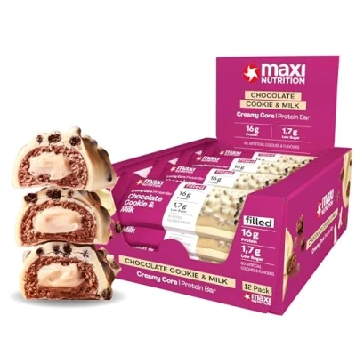 Image of MaxiNutrition Creamy Core Protein bar High Snack Fat Free, Low in Sugar 16g Chocolate Cookie &amp; Milk, 200 kcal per Serving, Maxi Nutrition 12 x 45g