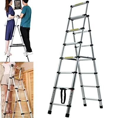 Image of Home Ladder 7 Step Aluminium Heavy Duty Telescopic Stepladder Indoor Folding Max 150kg Capacity
