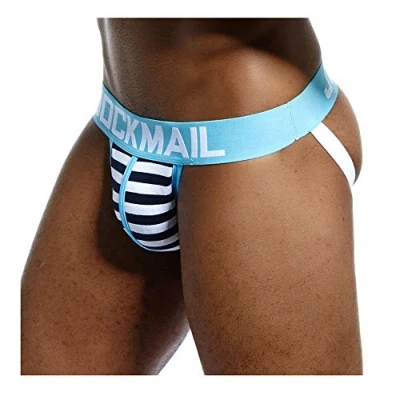 Image of Sexy Mens Jock Straps Underwear Cotton Striped Jocks Bikini G Strings Men Thongs Male Briefs Gay (M, Light Blue)