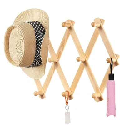 Image of YUEMING Expandable Wood Wall Rack Folding Hanger 10 Pegs Wooden Hook Mounted Expanding Storage Rack, Coat Retractable Drying