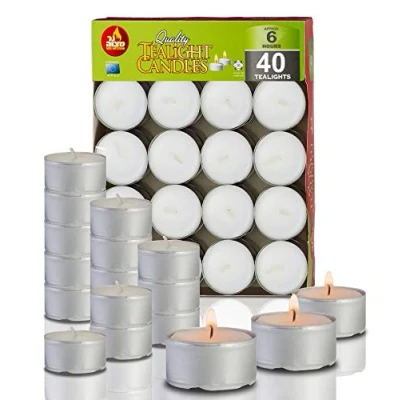 Image of Ner Mitzvah 6 Hour Tea Light Candles 40 Pack Bulk Package White Unscented Travel, Centerpiece, Decorative Candle with Maxi Burn Time Pressed Wax