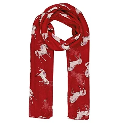 Image of World of Shawls Women Scarf Horses Print Design Ladies Scarves Shawl Wrap Maxi Sarong (Unicorn Horse Red)