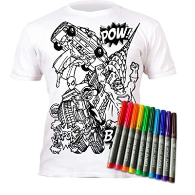 Image of Splat Planet Colour in Superhero T Shirt with 10 Non Toxic Washable Magic Colouring Pens and Wash Out (9 11 Years) White