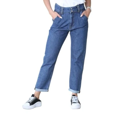 Image of MYT Womens Boyfriend Jeans Ladies High Wide Waist Tapered Leg Denim PantsBlue 22