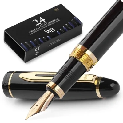 Image of Wordsworth &amp; Black Majesti Fountain Pen (Black) Luxury Case, 24K Gold Finish; 18K Gilded Extra Fine Nib Ink Cartridges, Refillable Converter Calligraphy Best Business Gift Set for Men Women