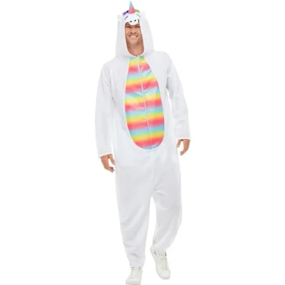 Image of Smiffys Unicorn Costume, White with Hooded Jumpsuit, Party Animals Fancy Dress, Dress Up Costumes
