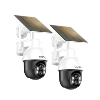 Image of AOSU Outdoor Surveillance Camera with Solar Panel, Panoramic PTZ, Automatic Person Tracking, 2K Night Vision, Light and Sound Alarm, 2 Way Audio, Compatible Alexa/Google Assistant (2 Pack)
