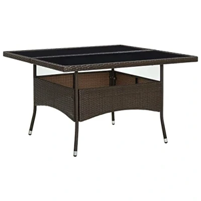 Image of vidaXL Brown Outdoor Dining Table Poly Rattan and Tempered Glass Weather Resistant Patio Furniture Industrial Style