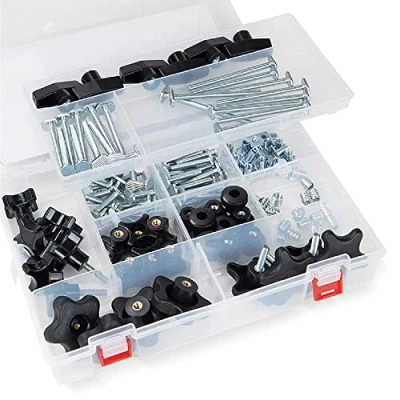 Image of POWERTEC 71127 128 Piece Set T Track Knob Kit w/ 5 Star Knob, 1/4 20 Threaded Bolts and Washers, Accessories for Woodworking Jigs Fixtures