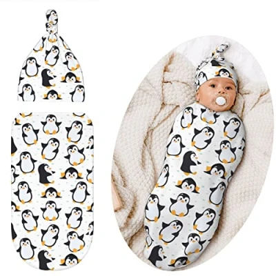 Image of XVBCDFG Penguin Baby Stuff Newborn Swaddle Blanket Wrap Soft Sleep Sacks Stretchy Receiving Blankets with Hat for Boy Girl Infants Gifts