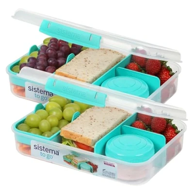 Image of Sistema TO GO Bento Box Create 1.48 L School Lunch Boxes With Compartments &amp; Snack Pot BPA Free 2 Count Minty Teal