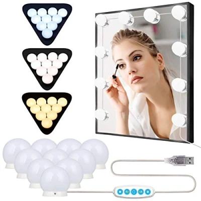 Image of Anmossi Makeup Mirror Lights,Hollywood Style Vanity Lights Kit with USB Power Cord and 10 Dimmable LED Bulbs,5 Level Brightness,3 Light Color Modes,LED Light(No Adapter)