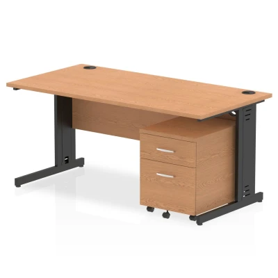 Image of Impulse 1600x800 Desk Oak/Black Cable Managed Leg 2 Drawer Mobile Ped