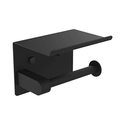 Image of Ibergrif MK34053B Chrome Toilet Paper Roll Holder with Shelf, Wall Mounted or Self Adhesive, for Bathroom Kitchen, Stainless Steel, Black