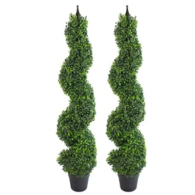 Image of LEAF 7164 PAIR Artificial Boxwood Tower Tree Topiary Spiral Twist Metal Top Design UK, 120cm