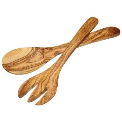 Image of KitchenCraft World of Flavours Wooden Salad Servers, Handmade, Olive Wood, 29 cm, Set 2