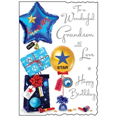 Image of Jonny Javelin Wonderful Grandson Birthday Card Balloons Presents Gaming