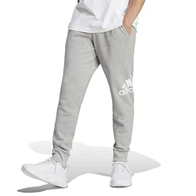 Image of adidas Men&#039;s Essentials French Terry Tapered Cuff Logo Pants, Medium Grey Heather, S