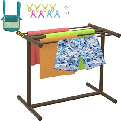 Image of VEVOR Pool Towel Rack, 5 Bar, Brown, Freestanding Outdoor PVC T Shape Poolside Storage Organizer, Include 8 Clips, Mesh Bag, Hook, Also Stores Floats and Paddles, for Beach, Swimming Pool, Home