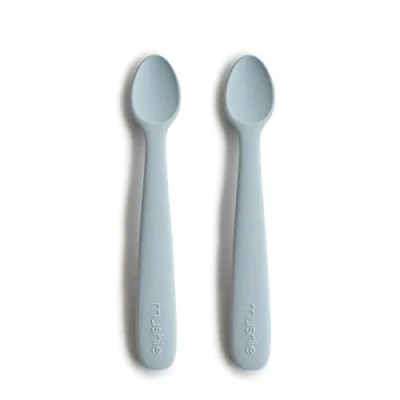 Image of Mushie Baby Feeding Spoons BPA Free Silicone 2 Pack Dishwasher Safe Durable Toddler Utensils Powder Blue