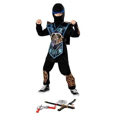 Image of Bristol Novelty 3013485 6 Blue Ninja Costume Kids Fancy Dress, Boys, Girls, Black/Multi, Medium, Age 5 Years