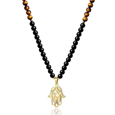 Image of COAI Hamsa Hand Black Obsidian Tiger Eye Stone Beaded 108 Mala Necklace