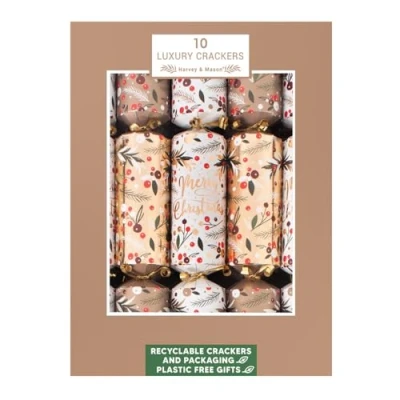 Image of Harvey &amp; Mason Set Of 10 Luxury Eco Friendly Christmas Crackers White Gold Brown Berry Winter Design