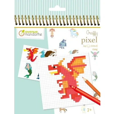 Image of Avenue Mandarine Ref GY098C Graffy Pixel Colouring Book Fantastic Creatures Art, 250gsm Drawing Paper, 12 Designs, 24 Squared Sheets, Spiralbound