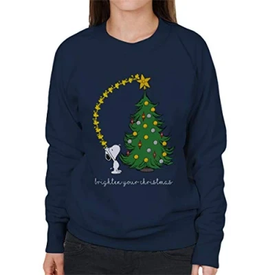 Image of Peanuts Snoopy Woodstock Brighten Your Christmas Women&#039;s Sweatshirt Navy Blue