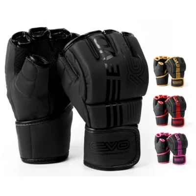 Image of EVO Fitness Matte Black MMA Gloves Martial Arts Mitts Grappling Sparring Men Muay Thai Cage Fighting Boxing Combat Sports Women pink UFC Punching Bag Training (Small, Black)