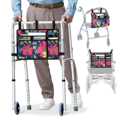 Image of supregear Accessories Bag for Walker, Wheelchair, Rollator Seniors, w/Cup Holder Folding Walker Basket Large Capacity Waterproof Caddy Pouch (Floral Blue)