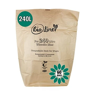 Image of 240 Litre x 60 Paper Compostable Wheelie Bin Liners Biodegradable Sacks/Liners Bioliner Eco Sack Bags with All Green Composting Guide