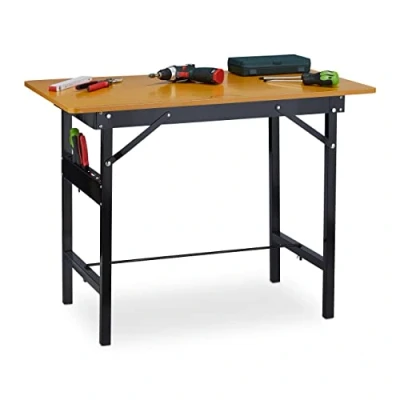 Image of Relaxdays Workbench, Foldable, Up to 100 kg, Integrated Ruler and Protractor, H x W D: 76 60 cm, Natural/Black, 60% steel 40% fibreboard