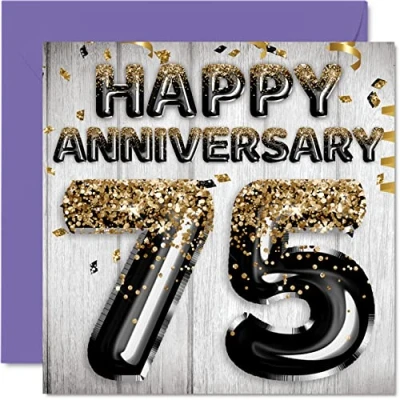 Image of Awesome 75th Anniversary Card for Husband Boyfriend Wife Girlfriend Black Gold Glitter Balloons Happy 75 Cards from Family, 145mm x Greeting Seventy Fifth Anniversaries