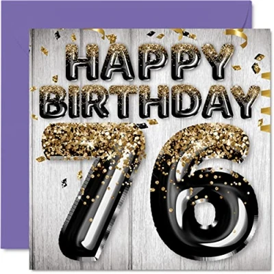 Image of 76th Birthday Card for Men Black &amp; Gold Glitter Balloons Happy Cards 76 Year Old Man Dad Great Grandad Grandpa Gran, 145mm x Seventy Six Sixth Greeting Gift