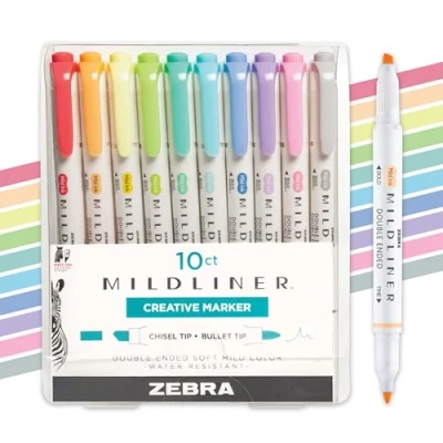 Image of Zebra Pen Mildliner Double Ended Highlighter Set, Broad and Fine Point Tips, Assorted Fluorescent Cool Ink Colors, 10 Pack